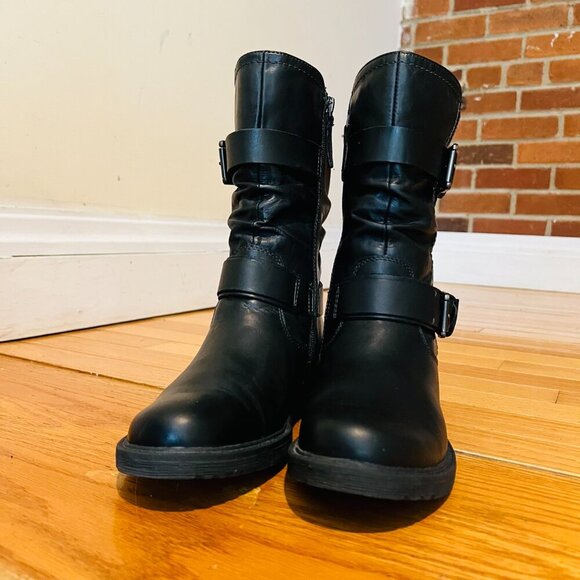 EARTH Women's Everwood Boots 7B Black Leather Mid-Calf Side Zipper Biker Moto - Picture 12 of 16